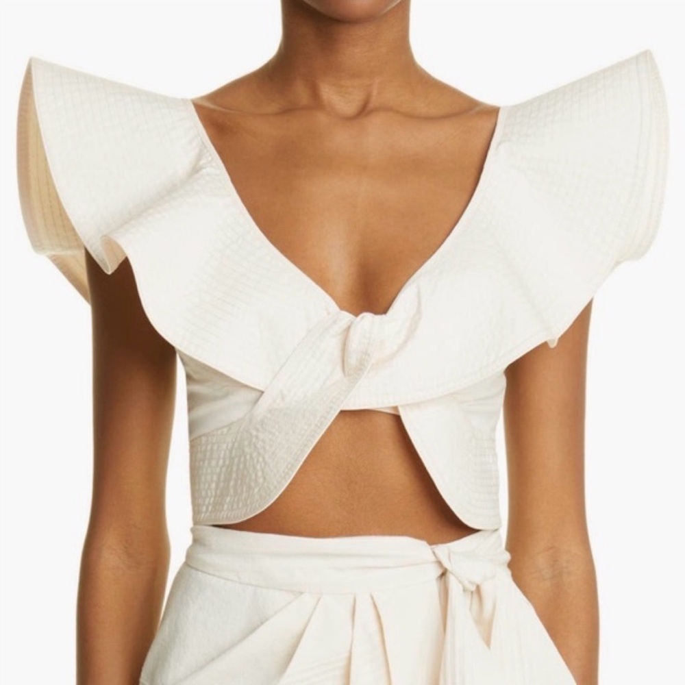 Johanna Ortiz Chic Monochromatic Cream Ruffle Coconut Sugar Crop Top size 8 $450